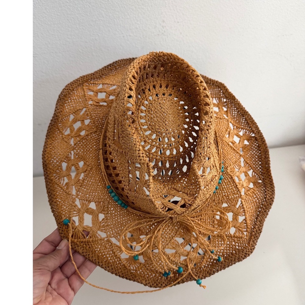 Women’s Straw Crochet Sun Hat with Bead Trim - Brown